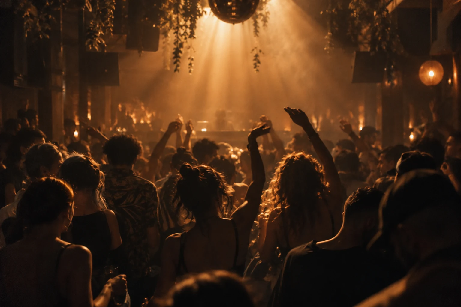 Atmospheric image of a dance floor under warm amber club lights